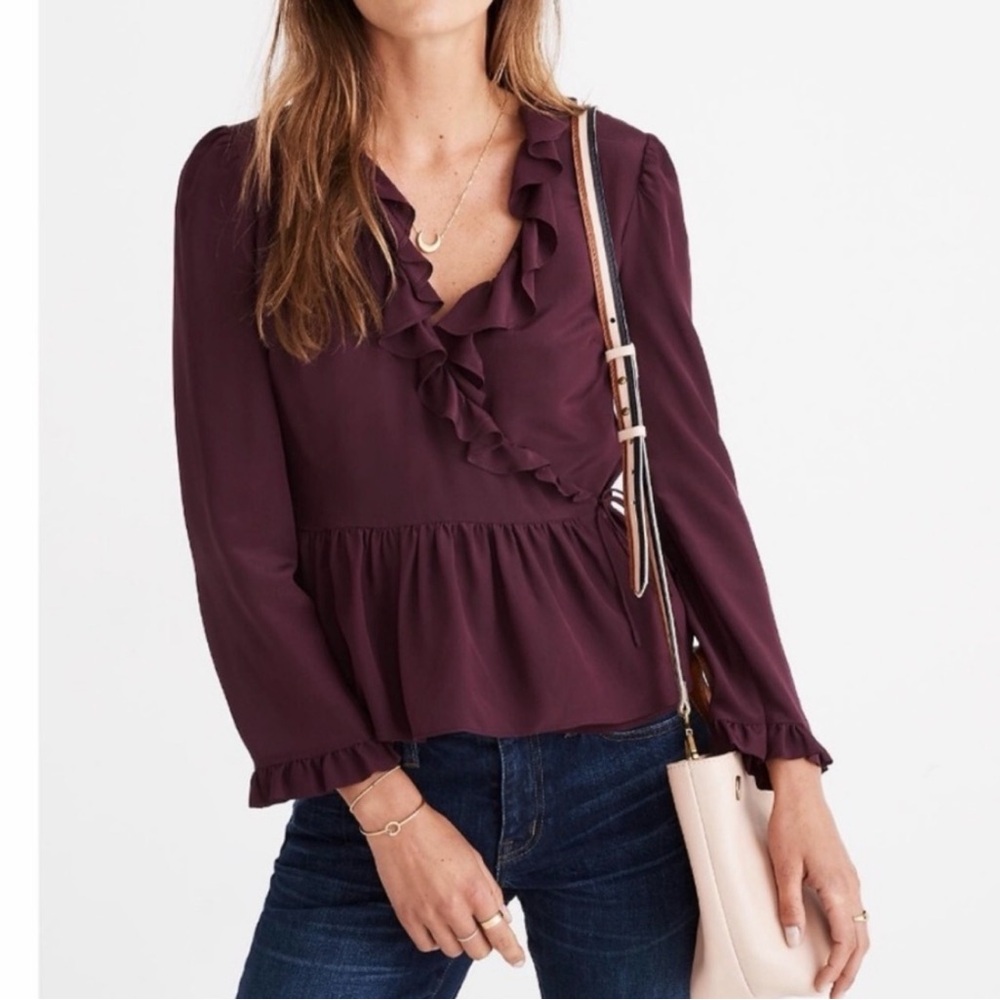 Madewell 100% Silk Ruffle Wrap Top Size Small Plum Purple